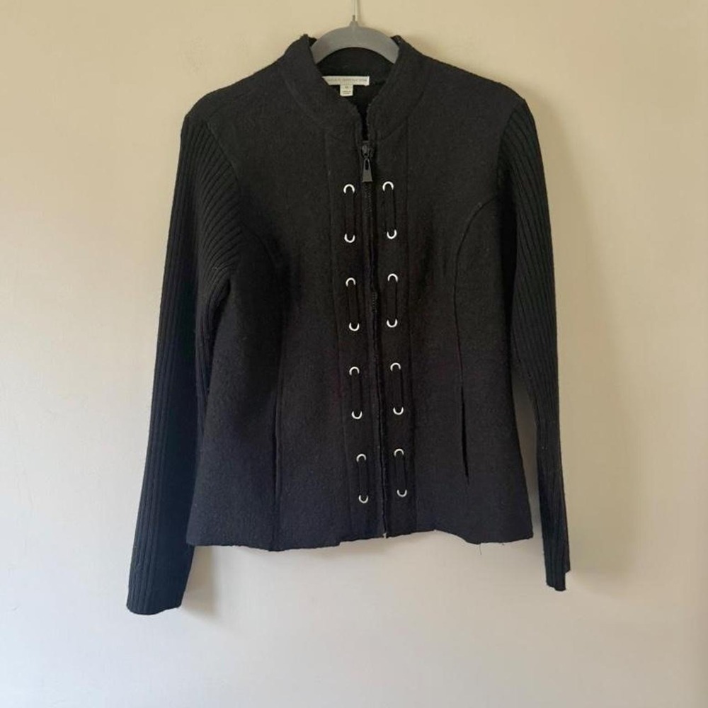90s Black Long Sleeve Wool Zip Up Cardigan Grommet Detail ribbed knit